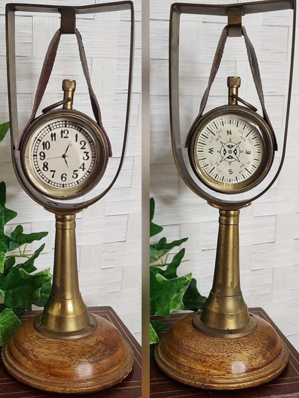 👉*VTG-STYLE* 9" NAUTICAL HANGING BRASS CLOCK & COMPASS W/ WOOD STAND~DECOR ONLY